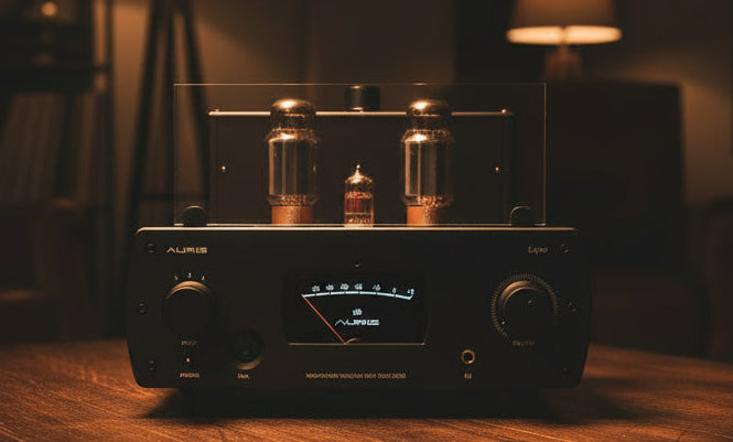 A black Auris Lyre tube headphone amplifier with visible tubes, control knobs, and branding on the front panel.